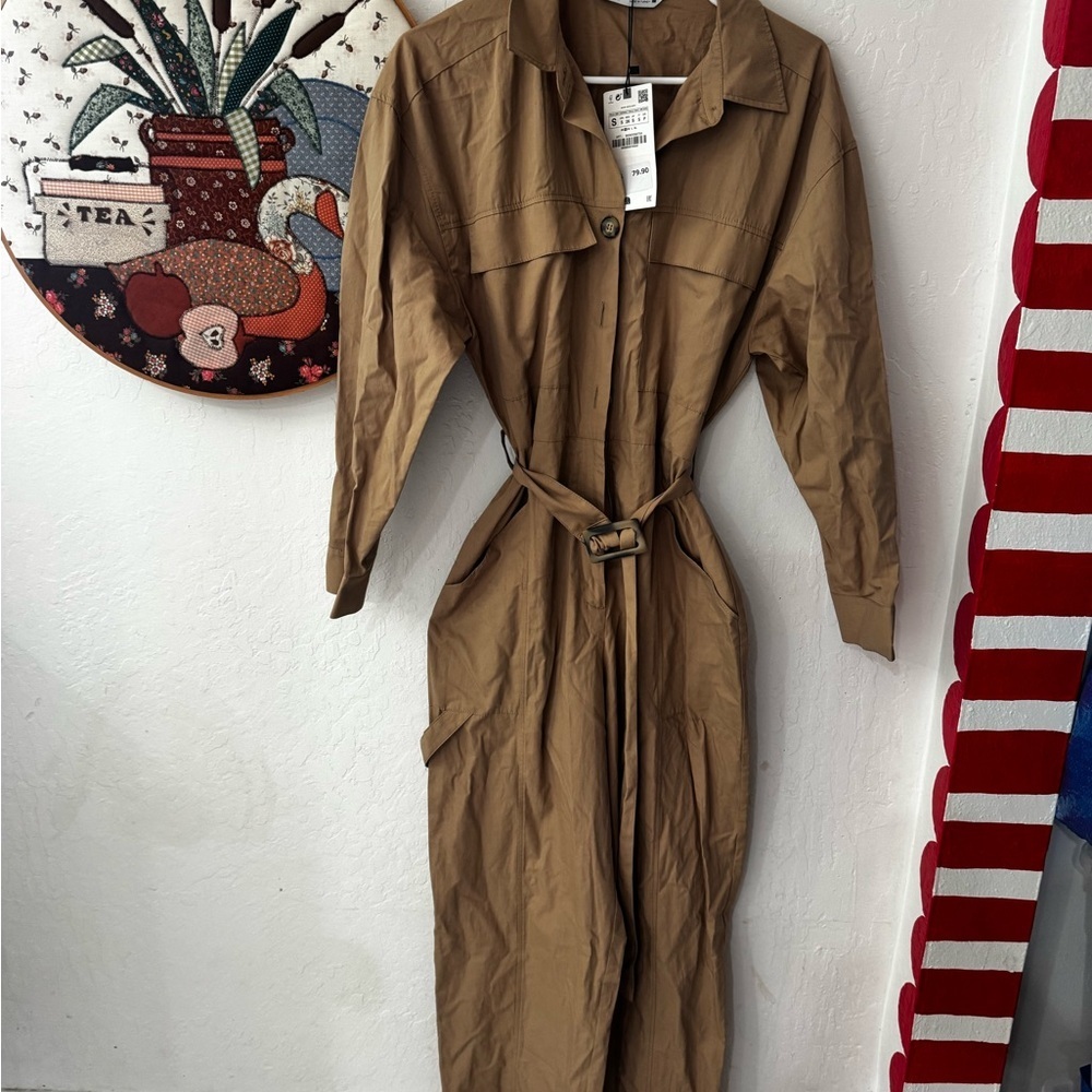 Zara Camel Tan Boiler Tie Jumpsuit NWT Small - Picture 2 of 5